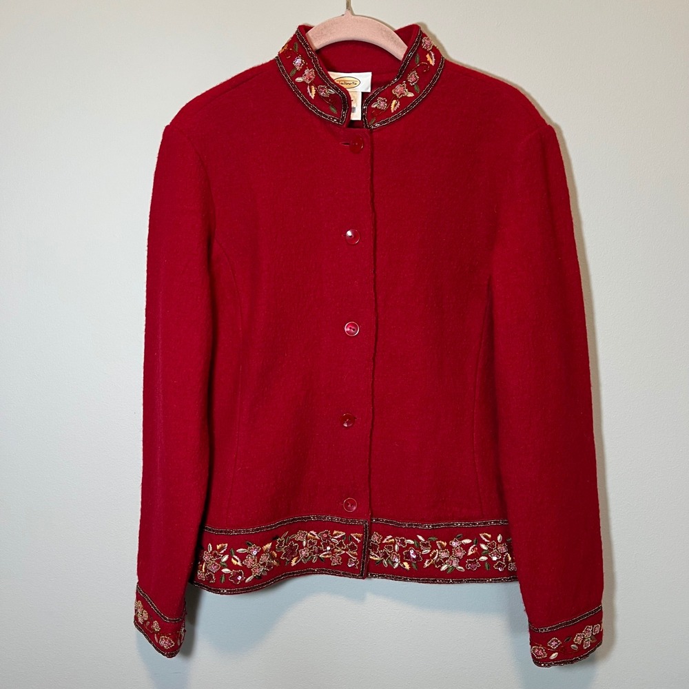 Talbots Red Boiled Wool Embroidered Beaded Jacket Floral Sequin Cardigan Small
